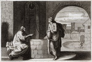 Bible de Royaumont, Nouveau Testament : Christ et la Samaritaine au puits. Jésus-Christ convertit une femme samaritaine. Illustration de 1811. - Unknown artist