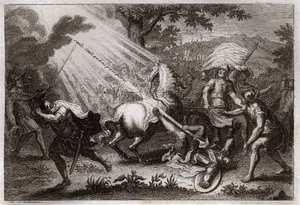Bible de Royaumont, Nouveau Testament : Conversion de Saint Paul sur le chemin de Damas. Il entend la voix de Jésus-Christ qui lui dit « Saul, Saul, pourquoi me persécutes-tu ? » et un cheval tombe. Illustration de 1811.