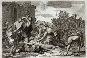 Bible de Royaumont, Nouveau Testament : Mort de Saint Étienne, premier martyr chrétien, par lapidation. Illustration de 1811. - Unknown artist
