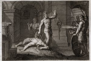 Bible de Royaumont, Nouveau Testament : Décollation de Saint Jean-Baptiste. On met sa tête sur un plateau. Illustration de 1811. - Unknown artist