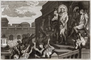Bible de Royaumont, Nouveau Testament : Ecce homo. Ponce Pilate présente Jésus-Christ avec des épines à la foule en disant, « Voici l