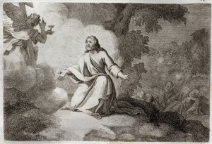 Bible de Royaumont, Nouveau Testament : Jésus-Christ au jardin (prière sur le mont des Oliviers). Un ange tenant un calice apparaît à Jésus. Les apôtres Saint Pierre, Saint Jean et Saint Jacques sont endormis. Illustration de 1811. - Unknown artist