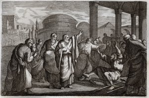 Bible de Royaumont, Nouveau Testament : Lame guéri. Saint Paul guérit un boiteux et arrête un peuple qui voulait lui sacrifier comme un dieu. Illustration de 1811. - Unknown artist