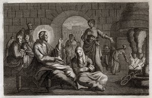 Bible de Royaumont, Nouveau Testament : Marthe et Marie. Jésus-Christ entre dans la maison de Marthe, qui se hâte de le recevoir tandis que sa sœur, Marie de Béthanie, écoute sa parole. Illustration de 1811. - Unknown artist