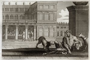 Bible de Royaumont, Nouveau Testament : Parabole du riche mauvais représenté à table au fond et Lazare le mendiant, dont les chiens du riche lèchent les plaies. Illustration de 1811. - Unknown artist