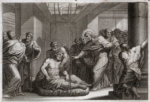 Bible de Royaumont, Nouveau Testament : Paralytique. Jésus-Christ appelle Saint Matthieu et guérit un paralytique à Capharnaüm. Illustration de 1811. - Unknown artist