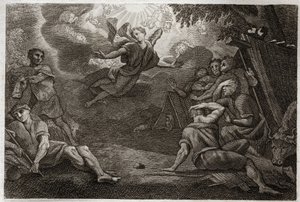 Bible de Royaumont, Nouveau Testament : Les bergers à la crèche. Un Ange annonce la naissance de Jésus-Christ aux bergers (Annonciation aux bergers). Illustration de 1811 - Unknown artist
