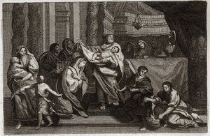 Bible de Royaumont, Nouveau Testament : Purification de la Vierge ou présentation au Temple. La Sainte Famille offre Jésus-Christ au Temple et le donne à Symeon (ou Siméon ou Simon). Une femme tient deux colombes dans un panier. Illustration de 1811