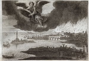 Bible de Royaumont, Nouveau Testament : Ruine de Babylone. Babylone en feu, un ange jette une pierre à la mer, symbolisant la destruction de cette ville lors de l