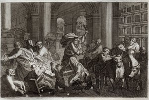 Bible de Royaumont, Nouveau Testament : Chasse des vendeurs du Temple. Jésus-Christ chasse du Temple ceux qui le profanaient par le trafic qu
