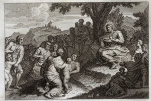 Bible de Royaumont, Nouveau Testament : Sermon sur la montagne. Jésus-Christ choisit douze apôtres parmi ses disciples et prononce devant eux et devant une grande foule le Sermon, habituellement appelé le Sermon sur la Montagne. Illustration de 1811.