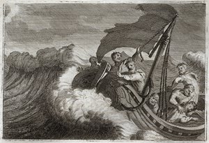 Bible de Royaumont, Nouveau Testament : Tempête apaisée. Les apôtres sont surpris par une tempête, Jésus-Christ qui dormait dans leur bateau se réveille et calme la mer de Galilée. Illustration de 1811. - Unknown artist