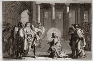 Bible de Royaumont, Nouveau Testament : La femme adultère. Jésus-Christ se dérobe divinement aux pièges que les Juifs lui tendent, lui demandant ce qu