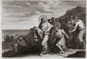 Bible de Royaumont, Nouveau Testament : Le Lépreux et le Centenier. Un lépreux prie Jésus-Christ de le guérir de sa lèpre, et un Centenier l