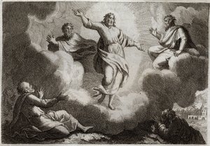 Bible de Royaumont, Nouveau Testament : La Transfiguration de Jésus-Christ. Le Christ entouré de Moïse et Élie avec en dessous l