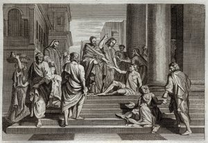 Bible de Royaumont, Nouveau Testament : Guérison du boiteux. Saint Pierre, accompagné de Saint Jean, guérit miraculeusement un boiteux à Jérusalem. Illustration de 1811. - Unknown artist