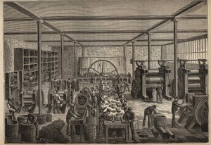 Caoutchouc : usine de caoutchouc. Gravure de 1885 dans « Les arts et métiers illustrés » par Adolphe Bitard - Unknown artist