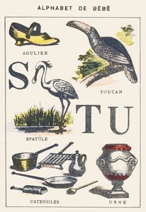 S T U: chaussure, spatule, toucan, ustensiles, urne - Unknown artist