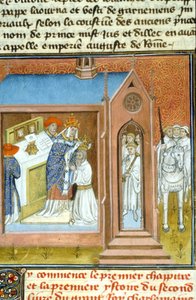 Couronnement de Charlemagne (742 - 814) en 800 par le pape Léon III - Enluminure de manuscrit du Moyen Âge - Unknown artist