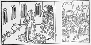 Saint Lambert. Gravure de « Leben der Heiligen - sommerteil » (Le livre des saints) par Jacobus (Jacques) de Voragine (1228-1298). Lübeck 1488.