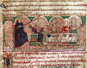 Saint Maur reçu à la table de Gaidulfe de Ravenne (miniature) - Unknown artist