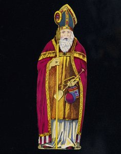 Saint Nicolas avec des jouets en main. Carton du 19ème siècle
