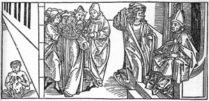Saint Séverin. Gravure de « Leben der Heiligen - sommerteil » (Le livre des saints) par Jacobus (Jacques) de Voragine (1228-1298). Lübeck 1488 - Unknown artist