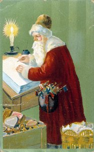 Le Père Noël préparant des cadeaux.