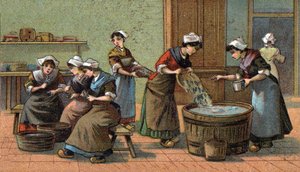 Industrie de la sardine : découpe des têtes, salage. Chromolithographie de la fin du XIXe siècle - Unknown artist