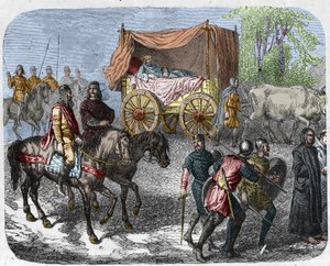 Scène représentant les rois fainéants : le roi de France Thierry III (673-691) transporté dans un char avec un lit tiré par des bœufs. - Unknown artist