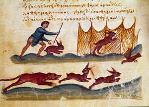 Scène de chasse au lièvre miniature tirée de « Les Cynégétiques » par Oppien de Syrie (IIIe siècle apr. J.-C.) dédié à Caracalla. XIe siècle Venise. Biblioteca Marciana - Unknown artist