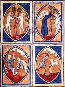 Scènes de la Bible représentées en mandorles. En haut, Adam et Ève cueillant le fruit défendu, puis chassés du paradis. En bas, Adam travaille la terre et Ève file la laine, Caïn et Abel. Miniature d