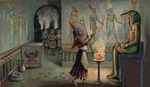 Scènes des royaumes disparus : Cérémonies funéraires dans les mausolées égyptiens. Le pharaon régnant, en sa qualité de grand prêtre du culte, était chargé des sacrifices en l
