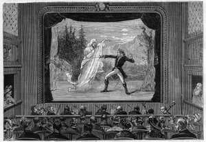 Spectacles scientifiques : spectres vivants. Expérience des spectres sur la scène du théâtre. Un comédien combat un fantôme. Gravure dans « La Nature » - Unknown artist