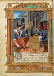 Sculpture : un maître contrôle le travail de son apprenti, sculptant un aigle. Miniature du Roman de Thésée de Cologne et de Godifer 16e siècle Paris, B.N.