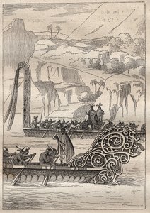 Deuxième voyage (1772-1775) du capitaine James Cook (1728-1779) : pirogues de guerre néo-zélandaises - illustration tirée de 