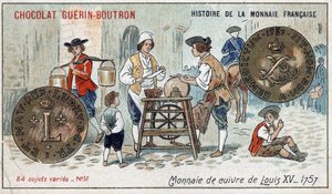 Série Histoire de la Monnaie Française publiée par Chocolat Guérin Boutron. Chromolithographie du 19e siècle. Pièce de cuivre de Louis XV en 1757 - Unknown artist