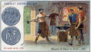 Série Histoire de la Monnaie Française publiée par Chocolat Guérin Boutron. Chromolithographie du 19e siècle. Monnaie de Pépin le Bref en 752
