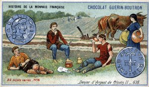 Série Histoire de la Monnaie Française publiée par Chocolat Guérin Boutron. Chromolithographie du XIXe siècle. Denier d