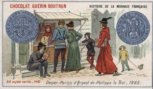 Série Histoire de la Monnaie Française publiée par Chocolat Guérin Boutron. Chromolithographie du 19ème siècle. Denier d