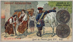 Série Histoire de la Monnaie Française publiée par Chocolat Guérin Boutron. Chromolithographie du 19ème siècle. Liard de France. Louis XIV en 1687 - Unknown artist