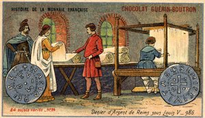 Série Histoire de la Monnaie Française publiée par Chocolat Guérin Boutron. Chromolithographie du 19ème siècle. Le Denier d