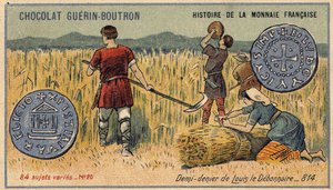 Série Histoire de la Monnaie Française publiée par Chocolat Guérin Boutron. Chromolithographie du 19ème siècle. Demi-denier de Louis le Débonnaire en 814
