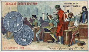 Série Histoire de la Monnaie Française publiée par Chocolat Guérin Boutron. Chromolithographie du 19ème siècle. Le Cavalot d