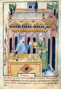 Boutique avec pain au beurre et deux femmes, illustration du Tacuinum sanitatis - Unknown artist