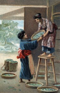 Élevage de vers à soie dans un aimant japonais. Chromolithographie de la fin du 19e siècle - Unknown artist