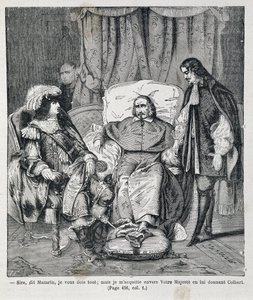 Sire, dit Mazarin, « Je vous dois tout : mais je paie à Votre Majesté en lui donnant Colbert. » Le cardinal Jules Mazarin (Giulio Raimondo Mazzarino) (1602-1661) présente Jean-Baptiste Colbert (1619-1683) à Louis XIV (1638-1715) Illus