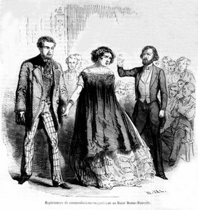 Expériences de somnambulisme : magnétisme et hypnose au Bazar de la Bonne-Nouvelle, gravure de 1885