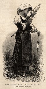 Petite contadine des environs de Rome, filant la laine avec son fuseau. Gravure pour illustrer le voyage à Rome, par Francis Wey, publié dans Le tour du monde 1870-1871, édité par Edouard Charton, édition Hachette, Paris