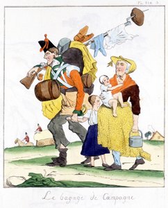 Soldat anglais des campagnes contre Napoléon embarrassé de sa femme et ses enfants - dans « Musée de la caricature » par E. Jaime, éd. Delloye, Paris